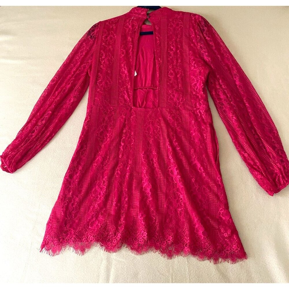 Anthropologie Maeve Open Back Lace Mini Dress 12 Red LS Pockets Mock Neck NWT - Picture 4 of 16